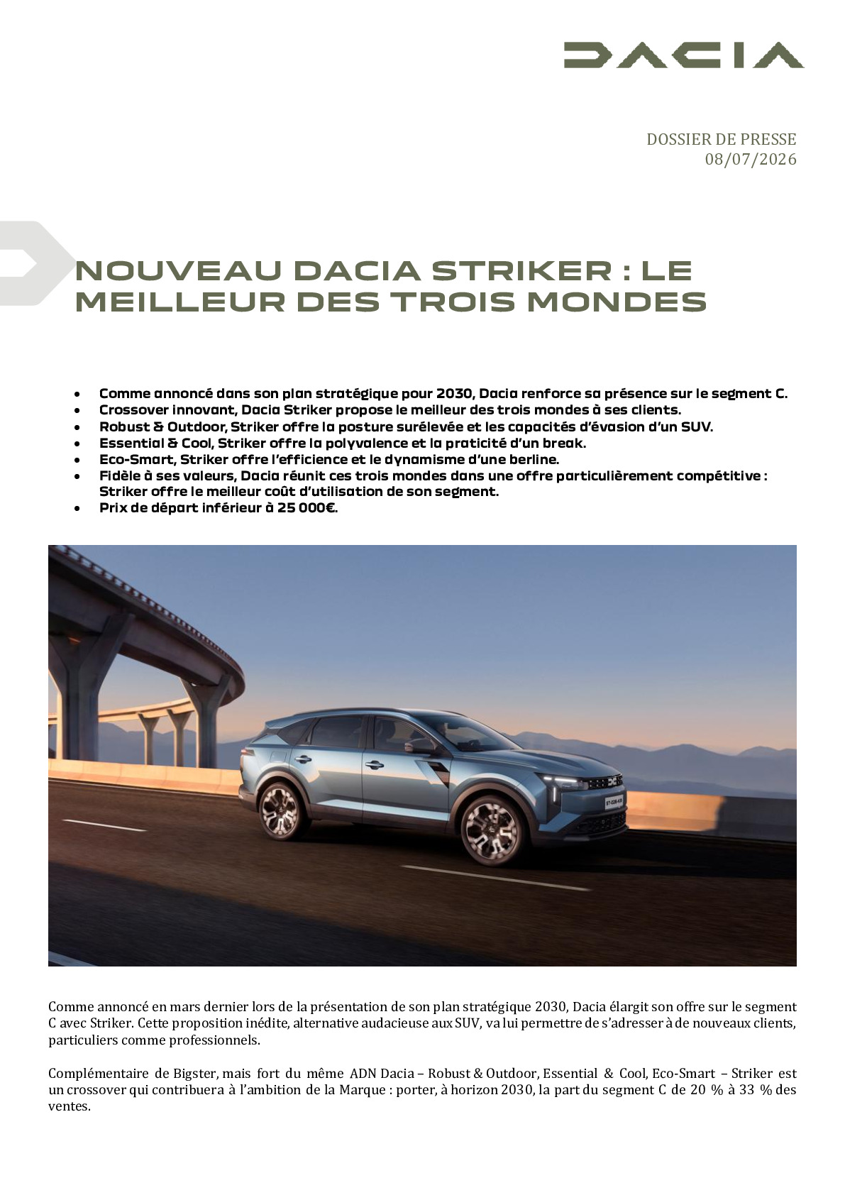 Strona dokumentu prasowego Dacia (dossier de presse) — grafika tekstowa z logo, do odrzucenia