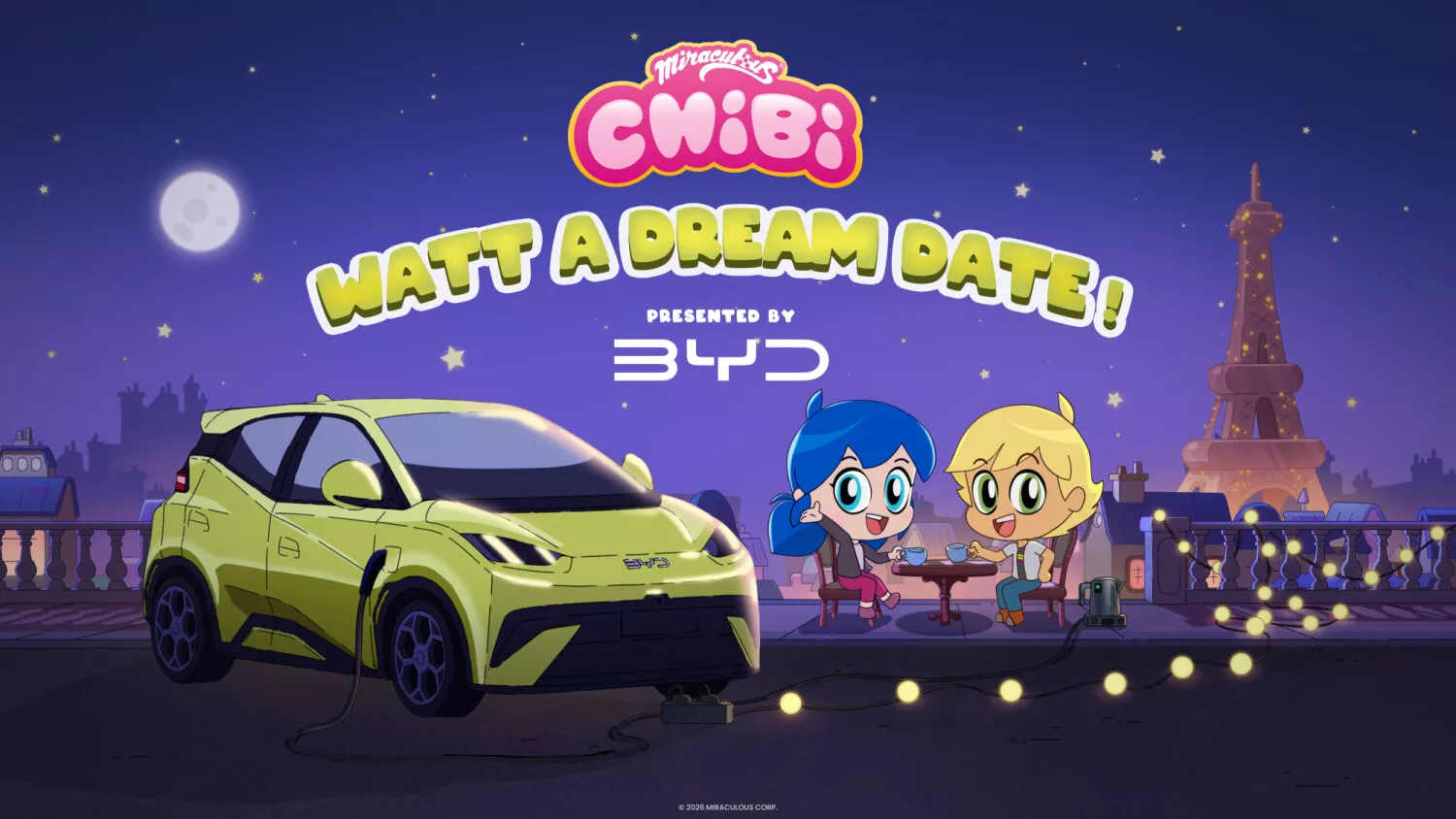 Grafika promocyjna BYD — animacja „CWiBi: Watt a Dream Date” z rysunkowym samochodem i postaciami kreskówkowymi, brak DENZA Z9GT
