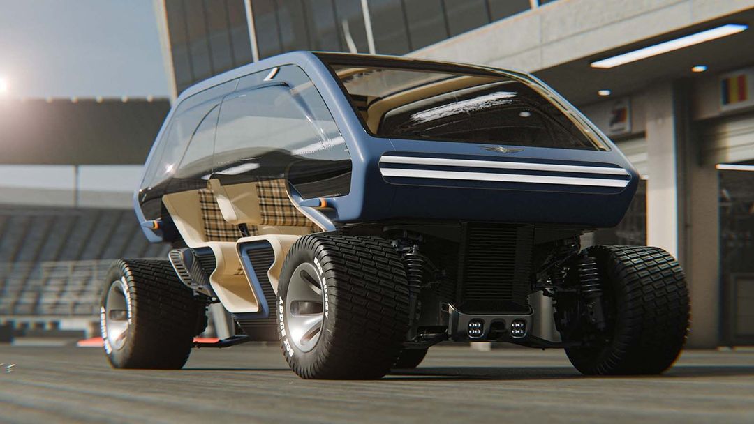 Genesis Box Buggy — przód/3-4 na torze w Le Mans, widoczne masywne terenowe opony i system e-Corner