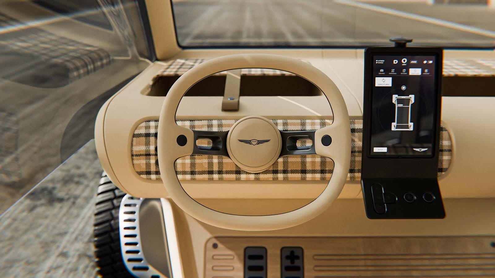 Genesis Box Buggy — wnętrze, kierownica i ekran dotykowy na tapicerce w kratę
