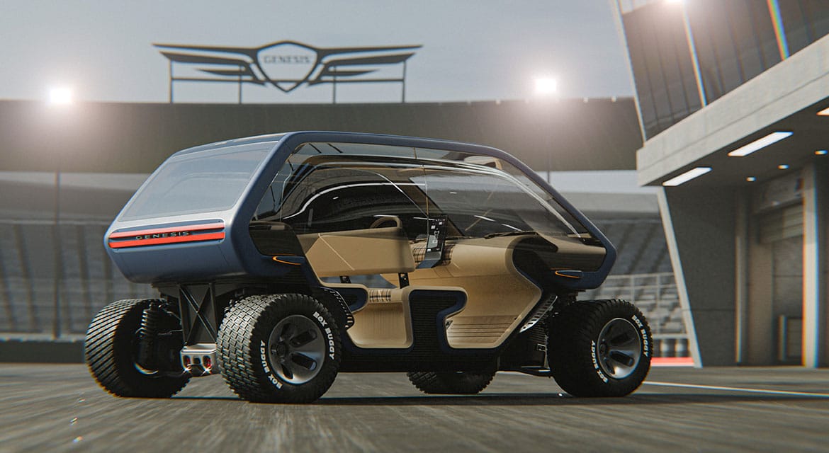 Genesis Box Buggy — bok, widoczne zawieszenie i silniki w piastach kół e-Corner (duplikat ujęcia)