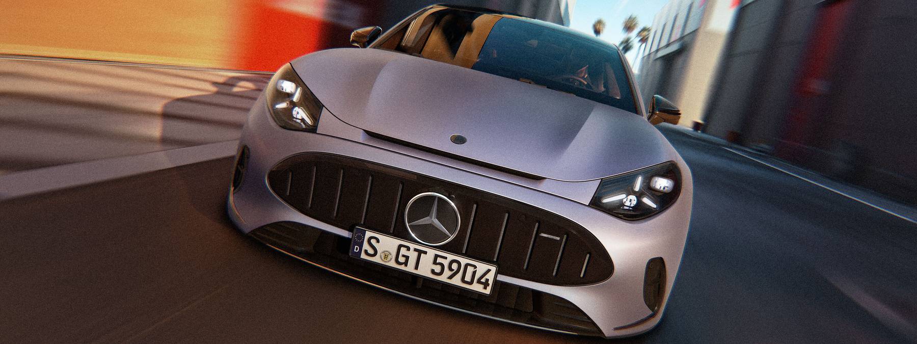 Mercedes-AMG GT 53 — przód, panoramiczny kadr jazdy miejskiej