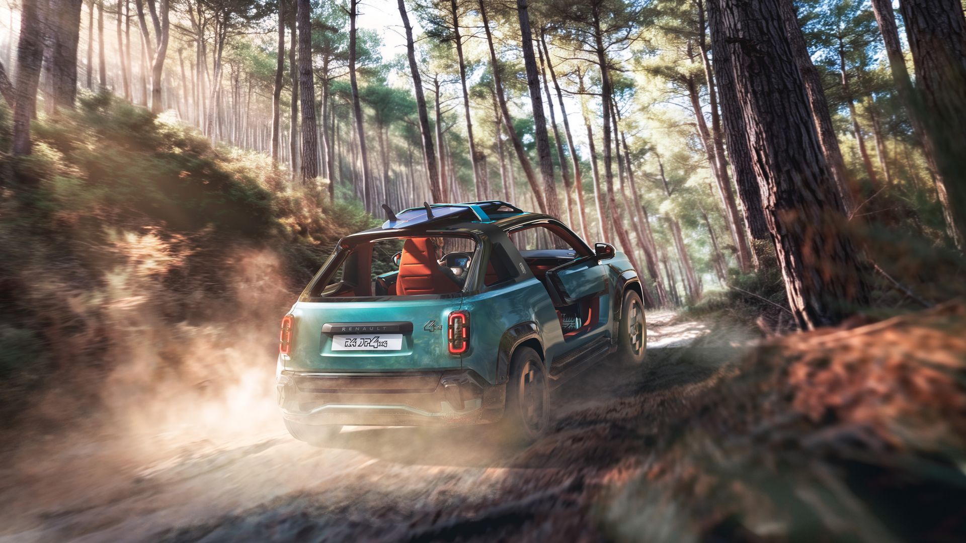 Renault 4 JP4x4 Concept — tył, jazda w leśnym terenie z uniesionym pyłem