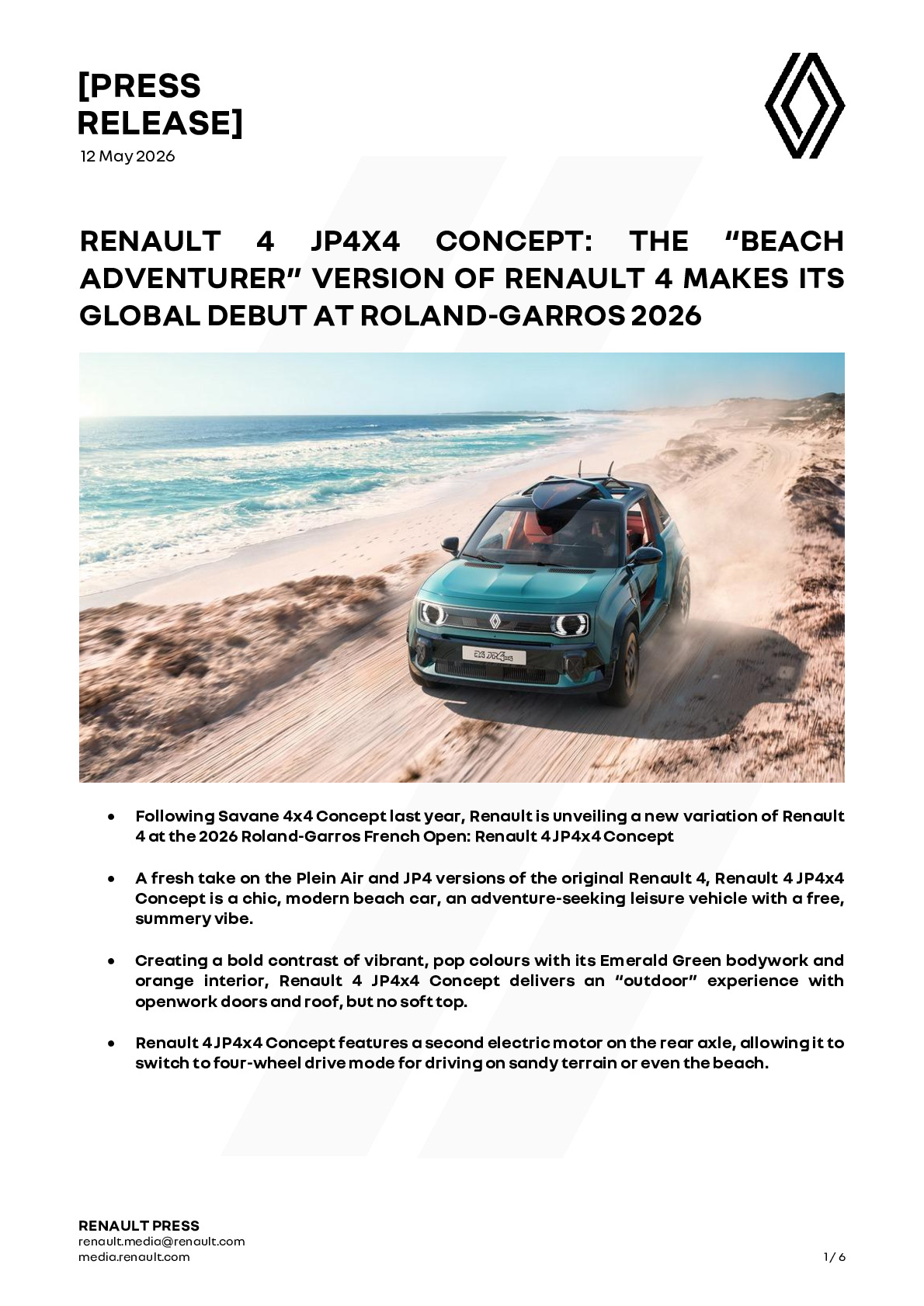 Strona informacji prasowej Renault zapowiadająca model JP4x4 Concept