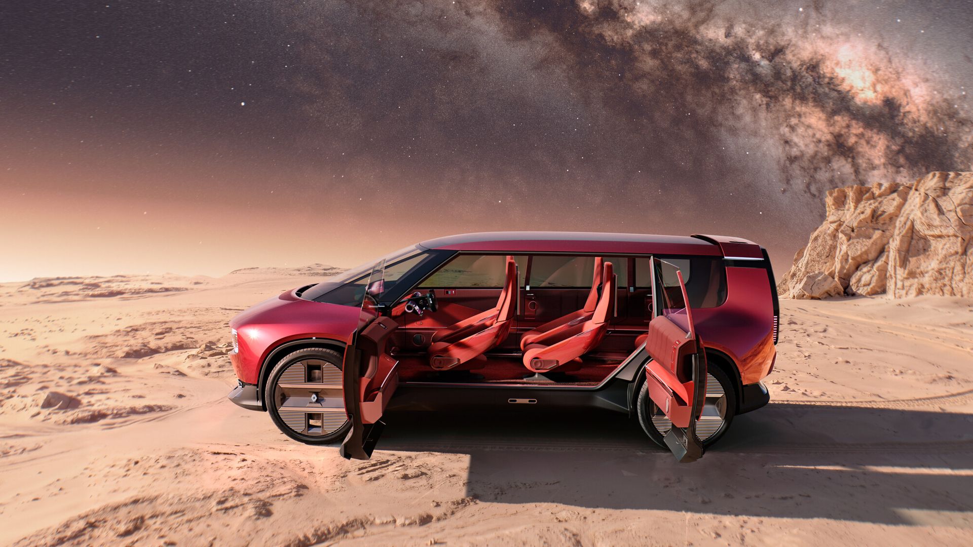 Renault E-Space Concept — bok, drzwi otwarte w scenerii pustynnej