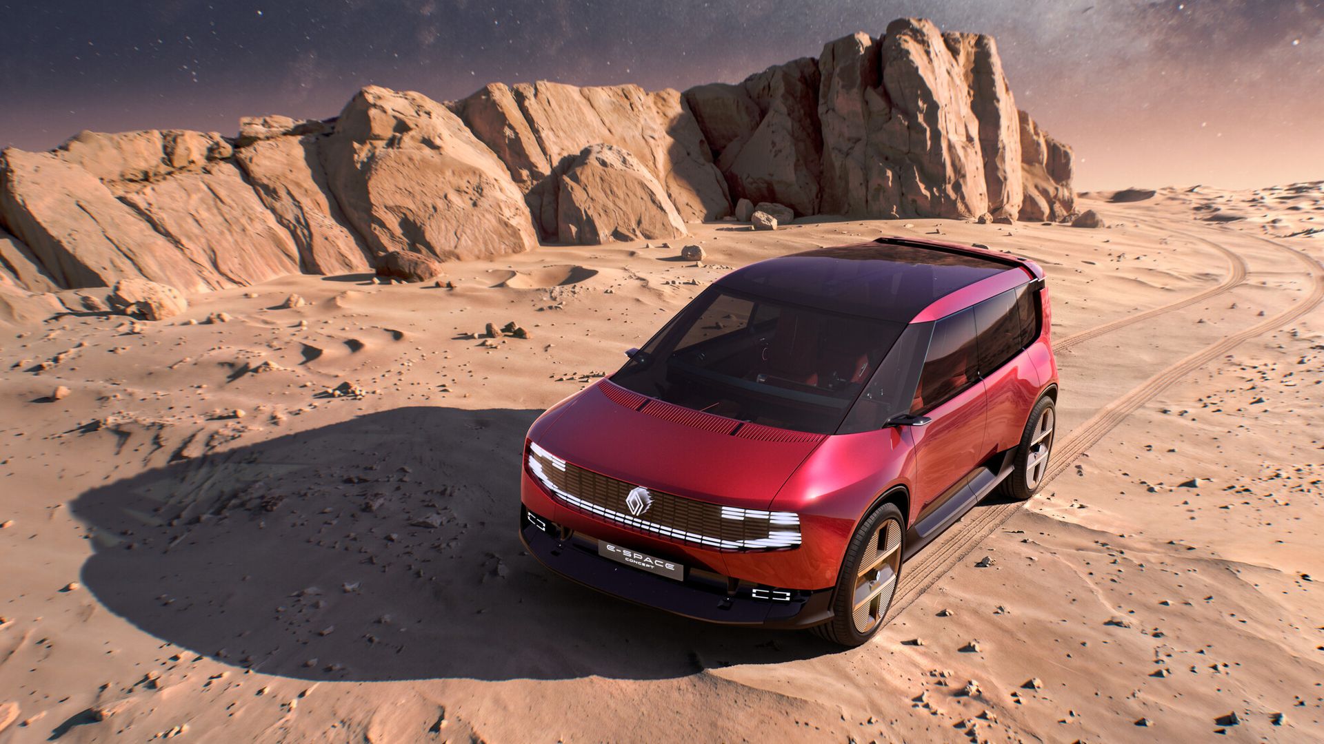 Renault E-Space Concept — przód, jazda w scenerii pustynnej