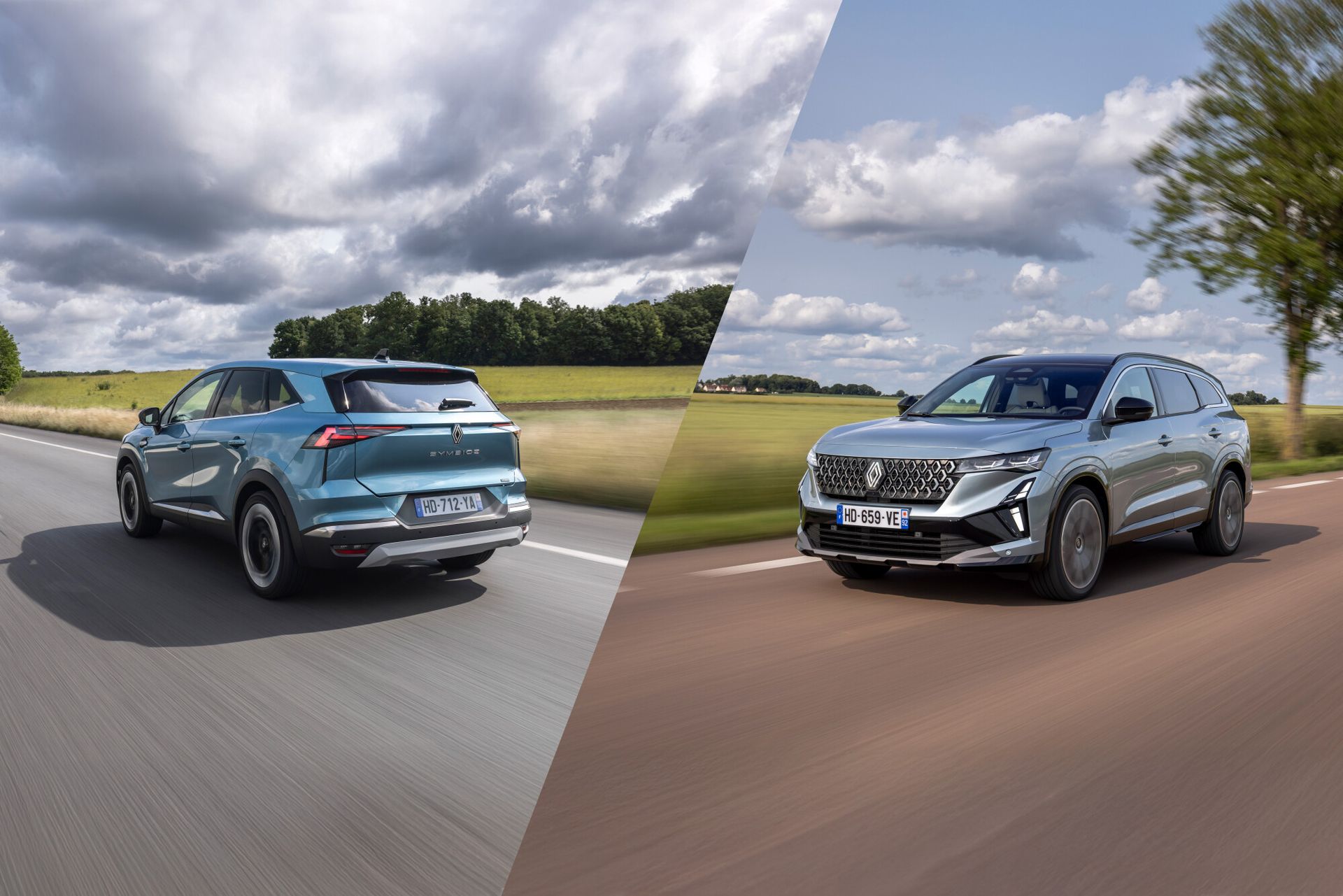 Renault Symbioz i Espace — zdjęcie porównawcze z komunikatu prasowego, kadr podzielony po przekątnej