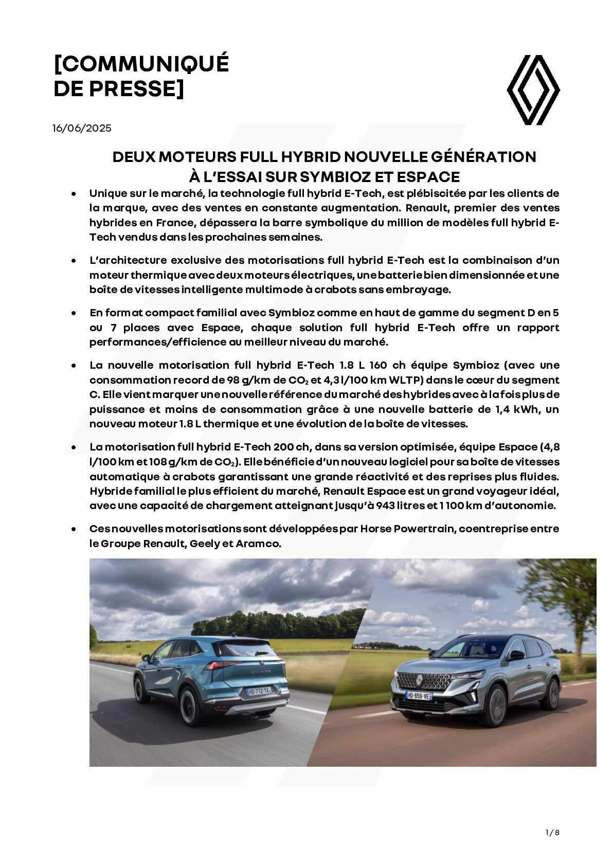 Strona komunikatu prasowego Renault zapowiadająca nowe silniki hybrydowe E-Tech