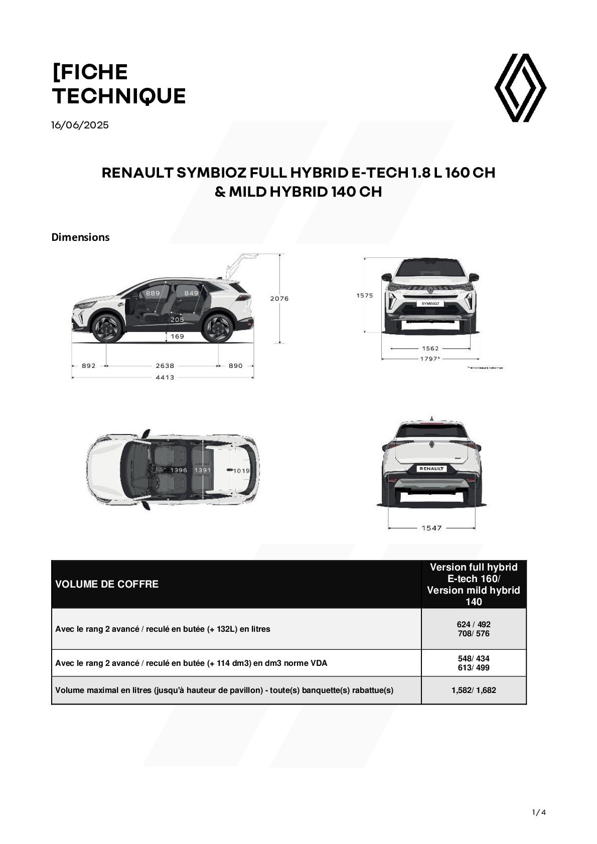 Rysunek techniczny — wymiary nadwozia Renault Symbioz full hybrid E-Tech