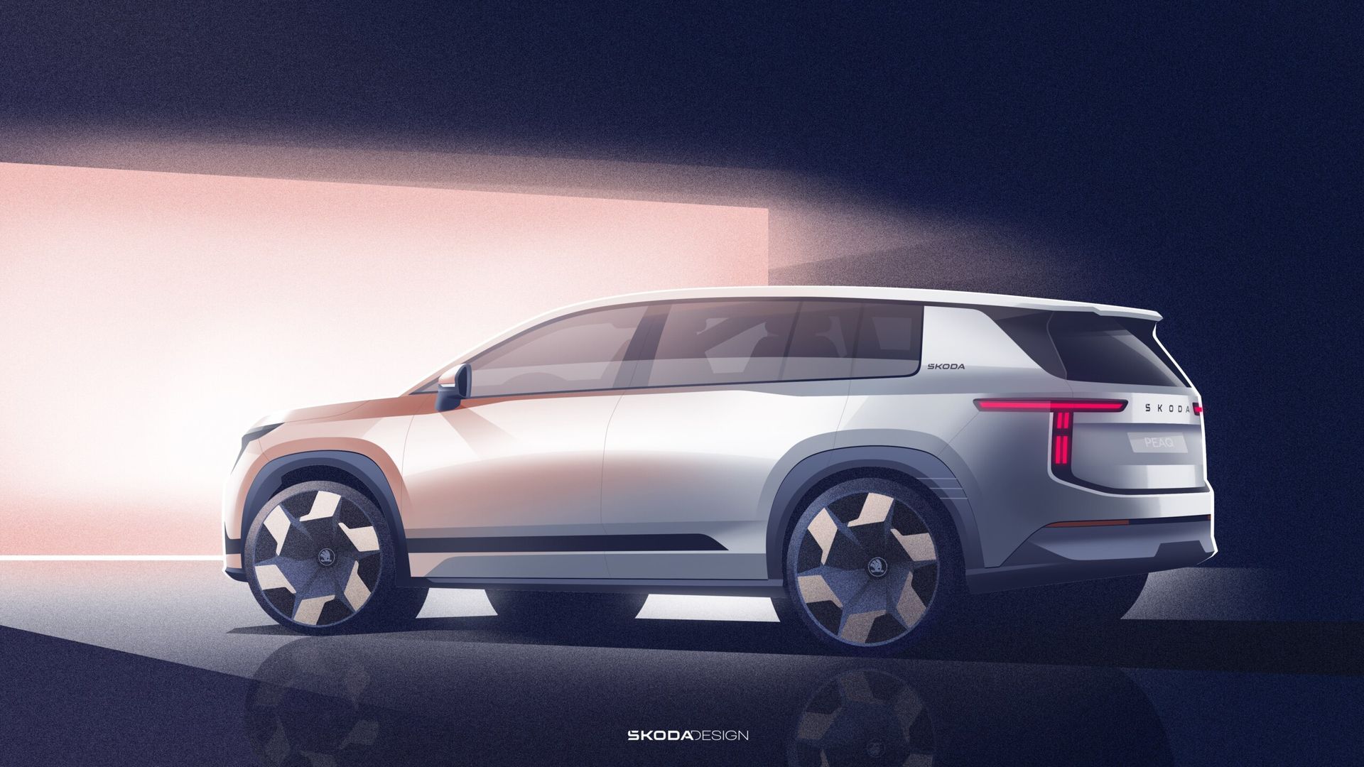 Škoda Peaq — szkic projektowy, widok z boku i prawego tyłu, proporcje nadwozia oraz tylne lampy, znak wodny „SKODA DESIGN”