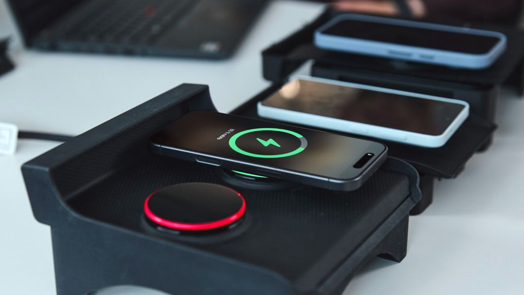Prototyp ładowarki indukcyjnej Qi2 z telefonami testowymi na biurku inżynierskim