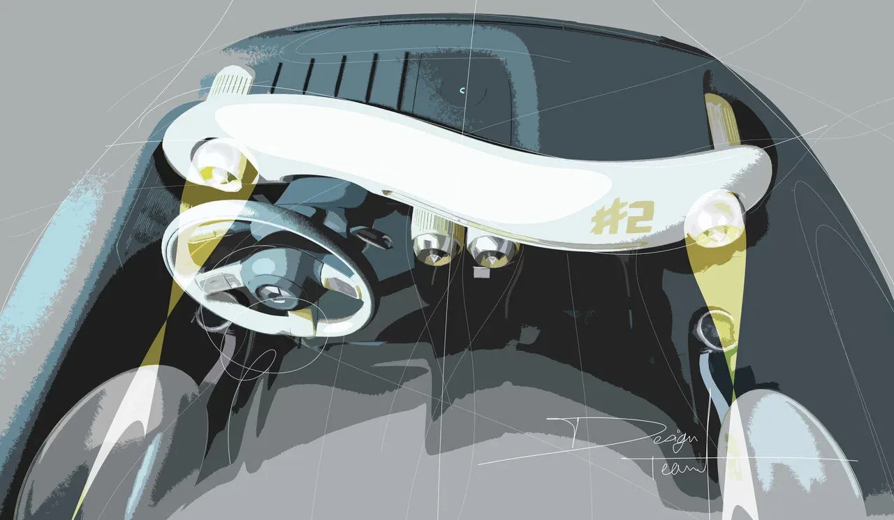 Artystyczna ilustracja przekroju wnętrza smart Concept #2 z kierownicą po lewej stronie — rysunek, nie zdjęcie
