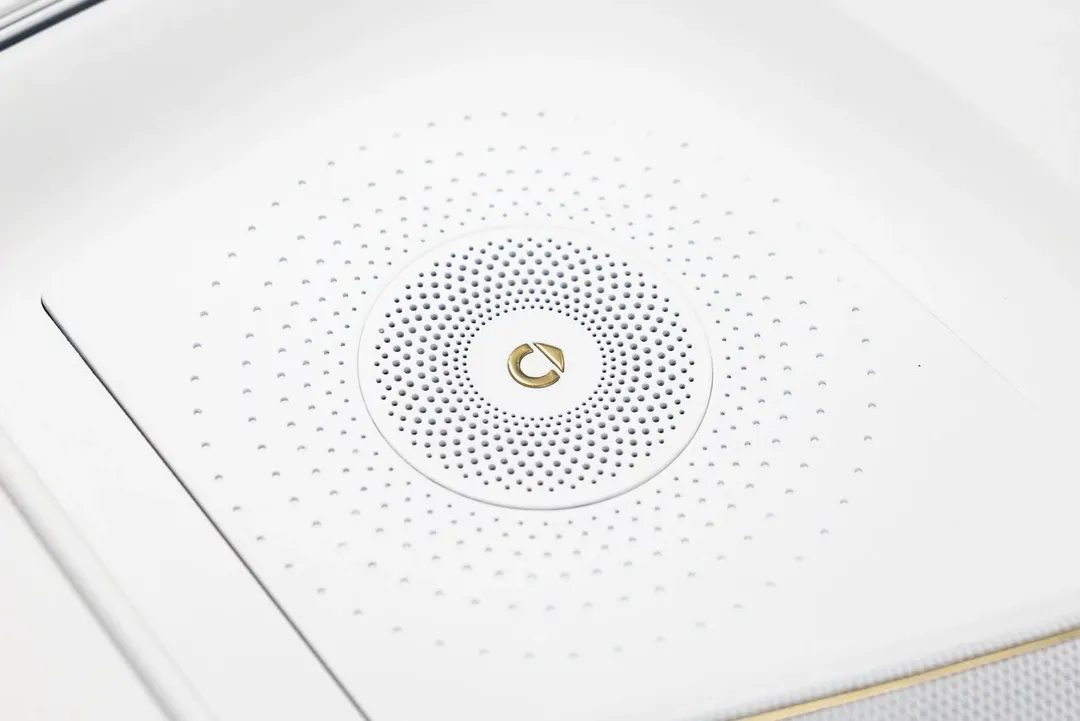 smart Concept #2 — detal wnętrza: panel głośnika z okrągłym złotym logotypem marki